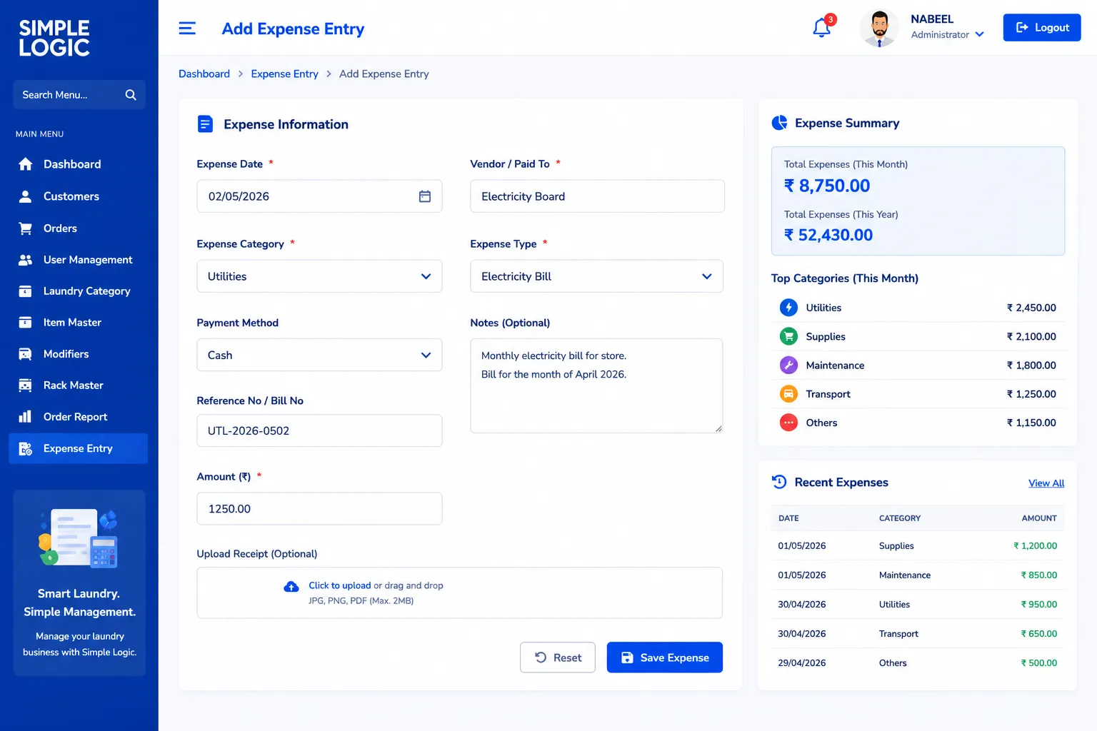 Expense management module of best laundry management software