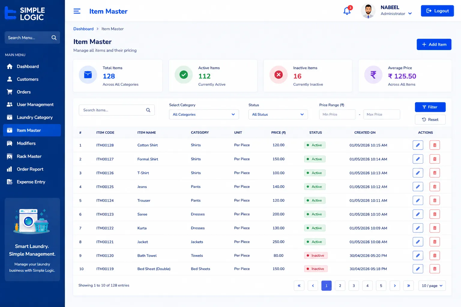 Item master module of best laundry management software